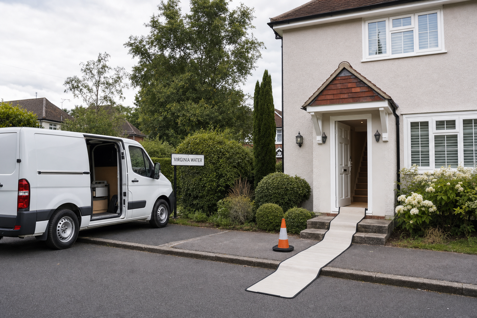 A white van parked outside a suburban house with a safety cone and makeshift ramp leading to the front door.