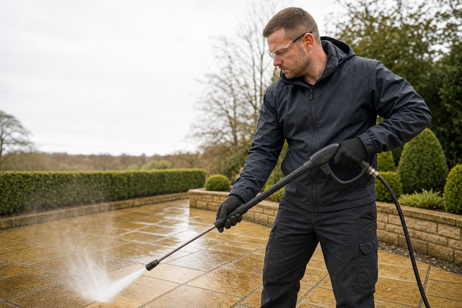 A man wearing protective gear uses a pressure washer to clean a patio on a cloudy day.