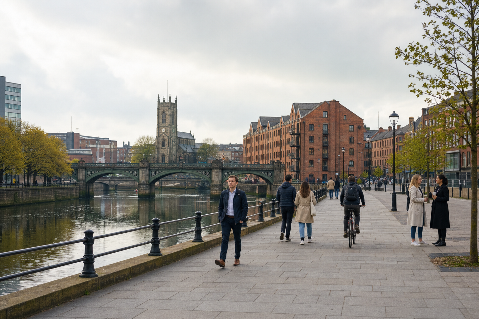 People walking and cycling along the riverside promenade with a historic church and bridge in the background.
