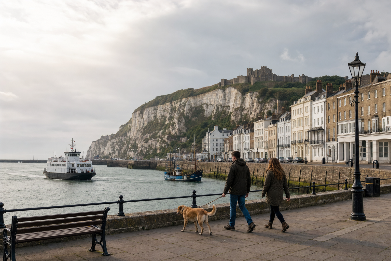 People walking a dog along a quay in front of cliffs with a ferry approaching the harbour.
