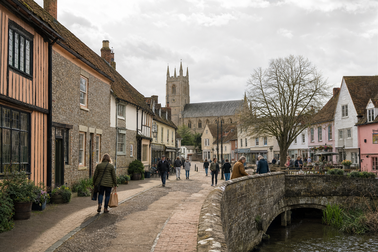 Quaint village street scene with people strolling past historic buildings and a church in the background beside a stone bridge.