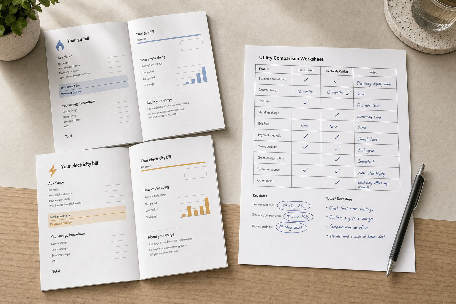 Utility comparison worksheet and bills on a desk alongside a pen and a small potted plant.