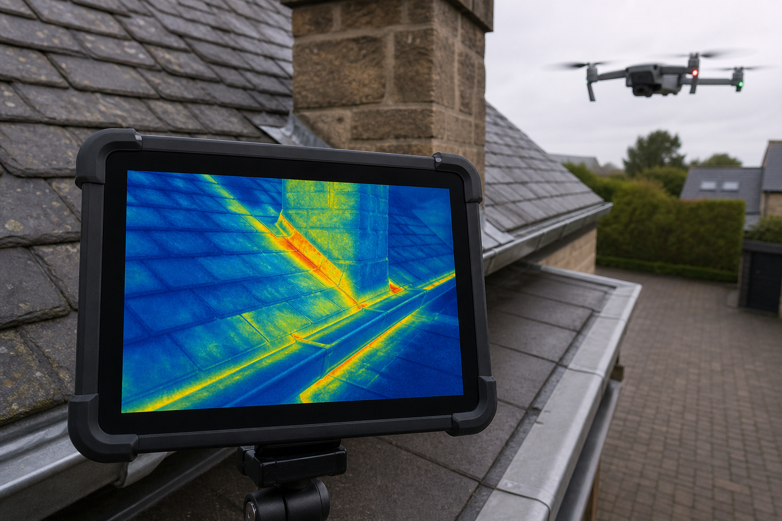 A thermal image screen on a roof displays heat leakage, with a drone hovering in the background.