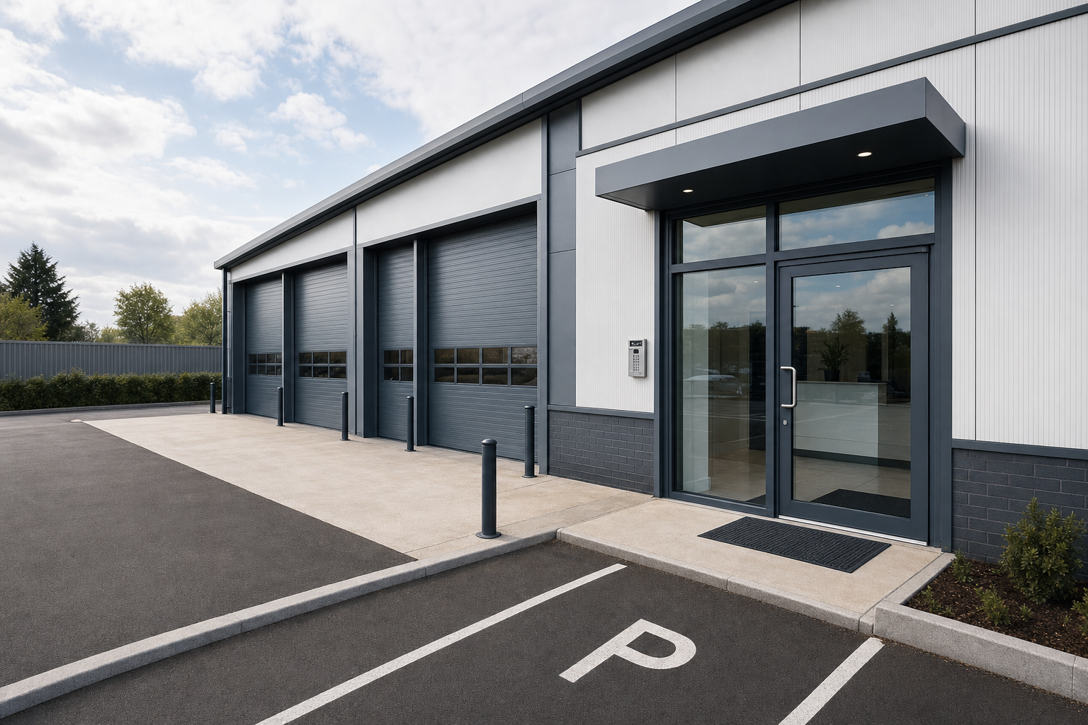 Modern industrial building with large grey garage doors and glass entrance, surrounded by a neatly paved parking area.