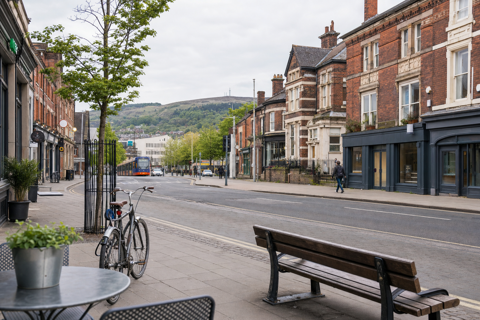 Quiet city street with a parked bicycle, a bench, and buildings lining the road under a cloudy sky.