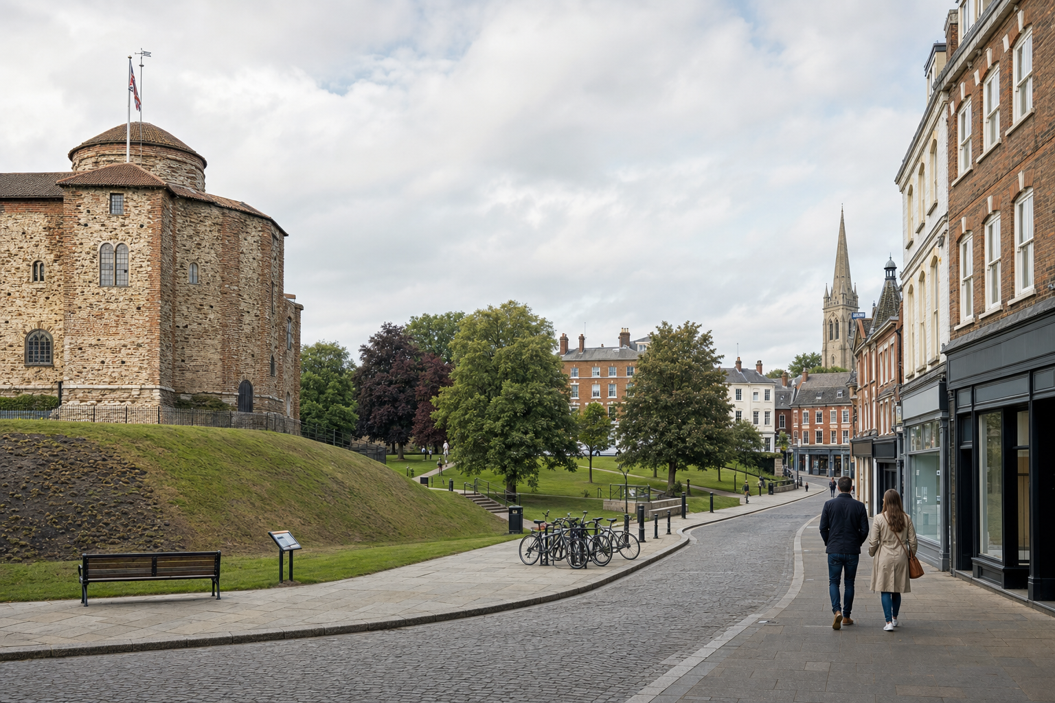 A couple walks along a cobblestone street beside a historic castle and a row of shops, with a church spire in the background.