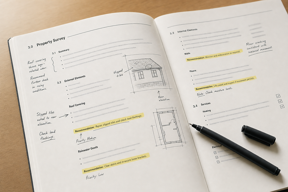 Open property survey document with a pen, featuring notes and recommendations highlighted in yellow.