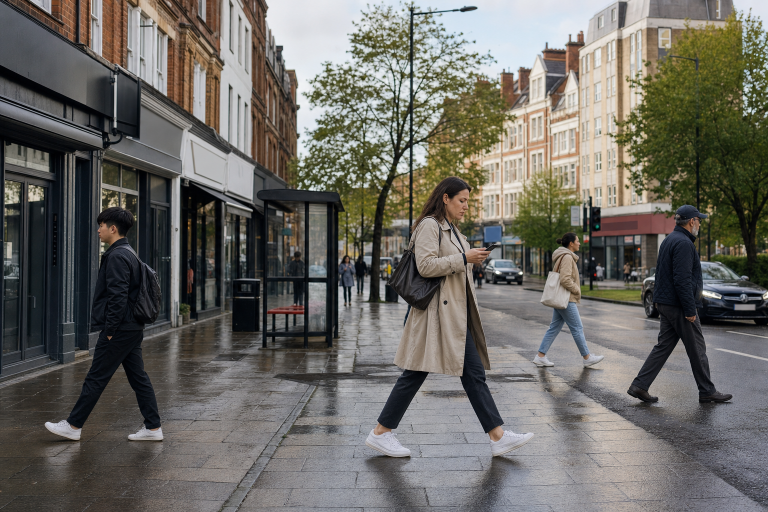 People walking on a wet city street, with buildings and trees lining the background.