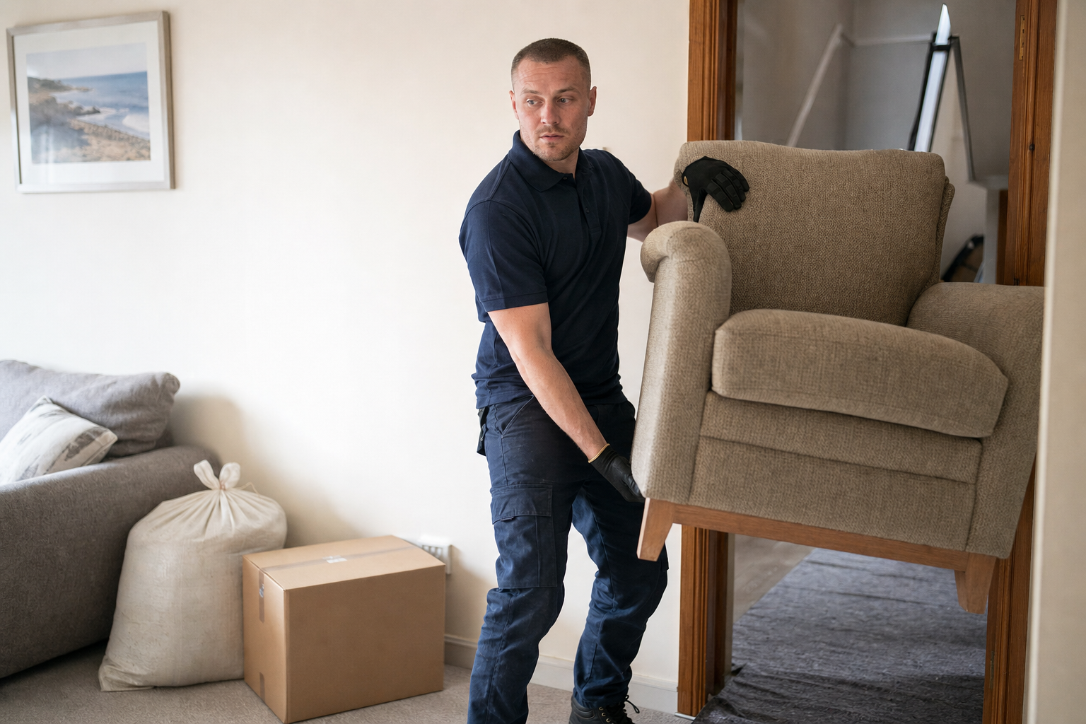 A man wearing gloves moves a large armchair through a doorway in a neatly furnished room.