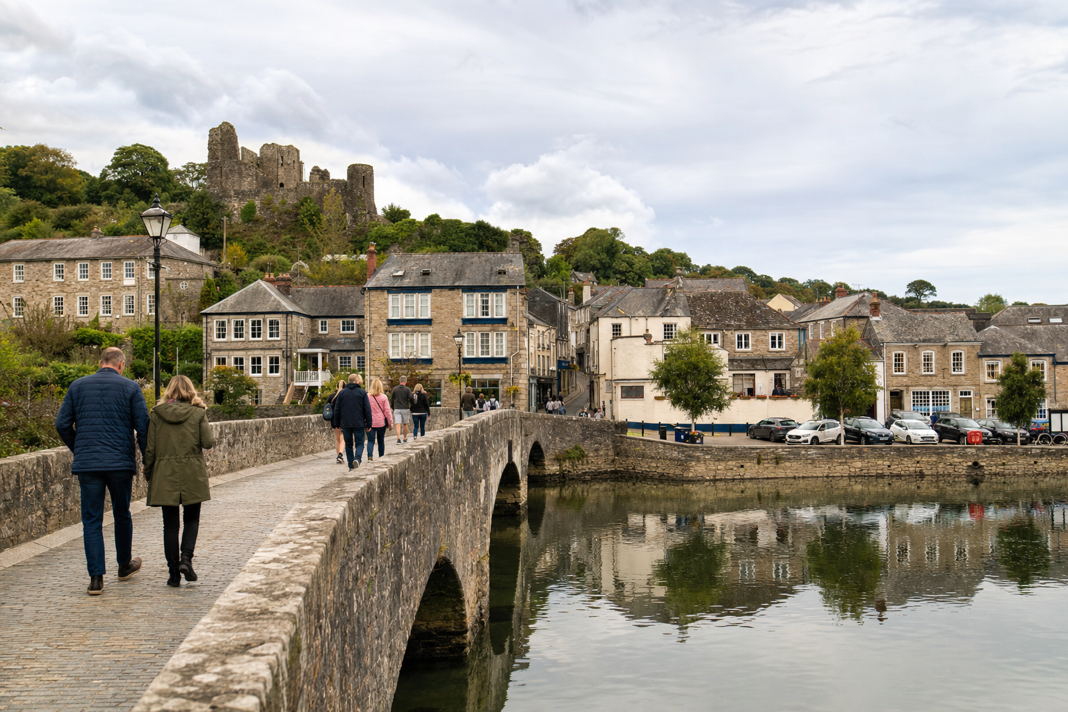 People walking on a stone bridge with a view of a village and ancient castle ruins in the background.