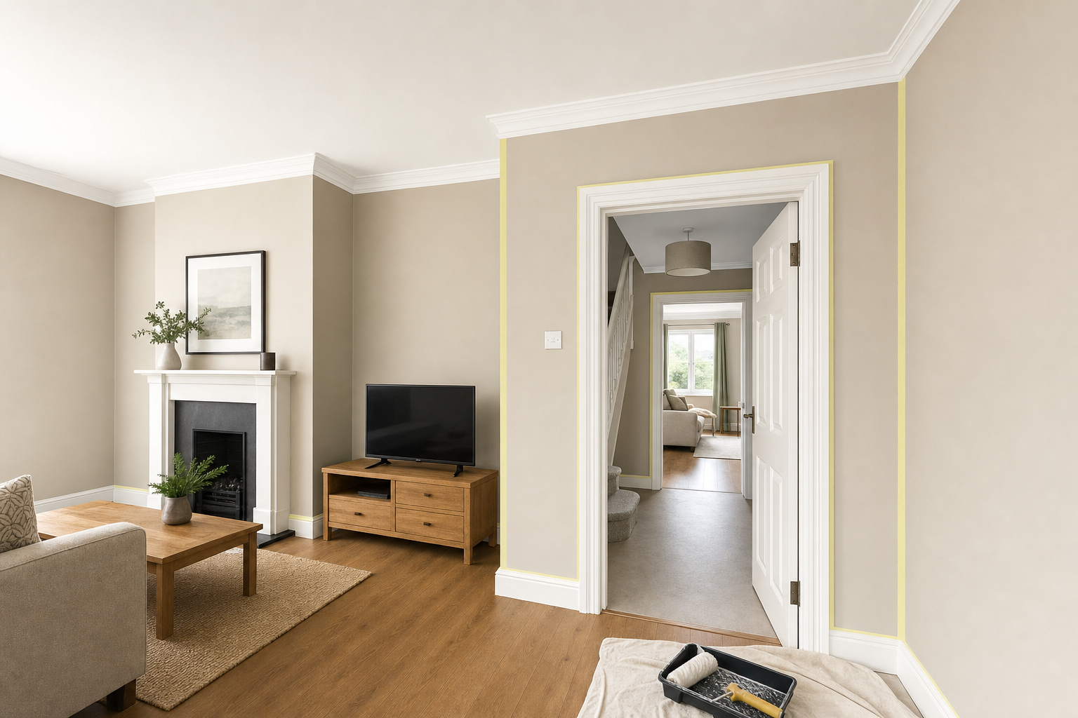 A modern, beige living room with a fireplace, a TV on a wooden stand, and painting supplies on the floor by the door.