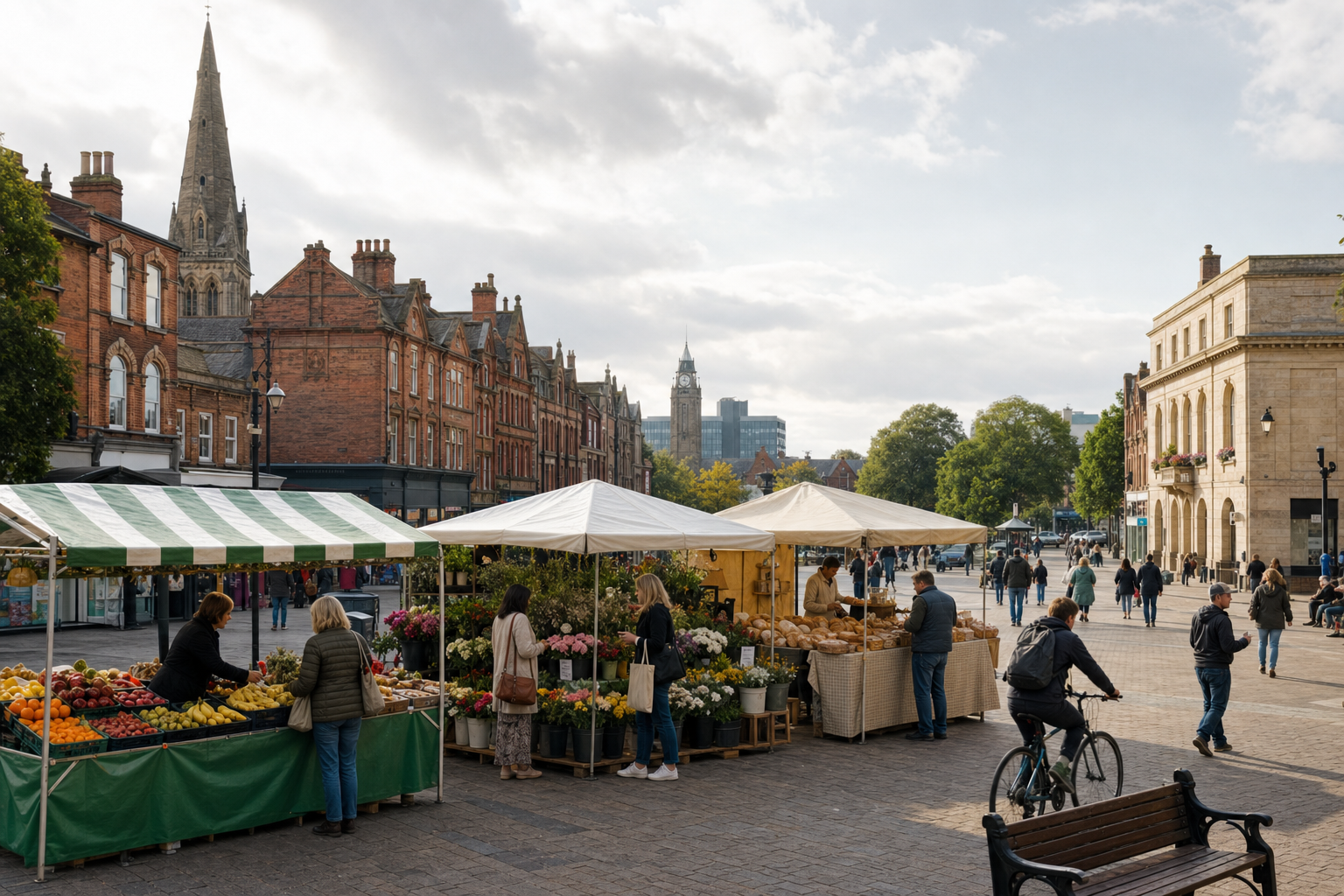 People browsing stalls at an outdoor market on a sunny day, with historic buildings and a church in the background.