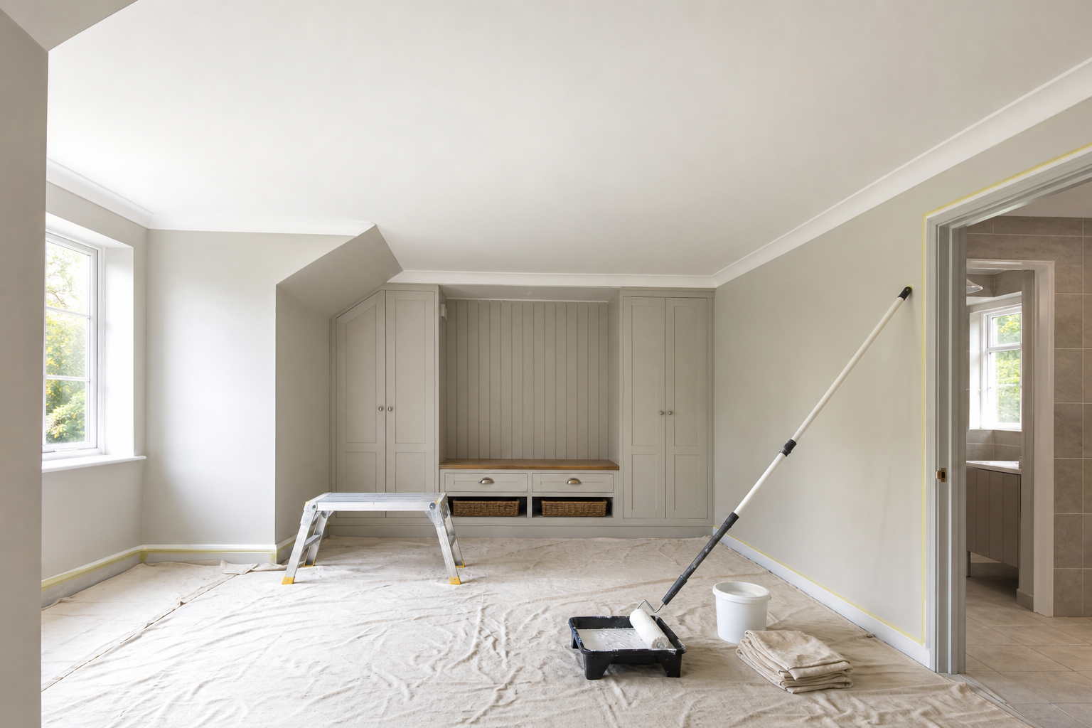 Room being renovated with fresh paint, plastic coverings, and a step stool.