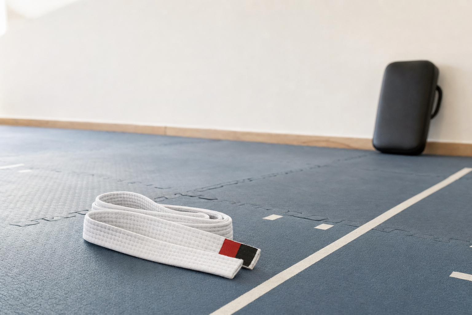A white martial arts belt lies on a blue training mat with a black pad against the wall in the background.