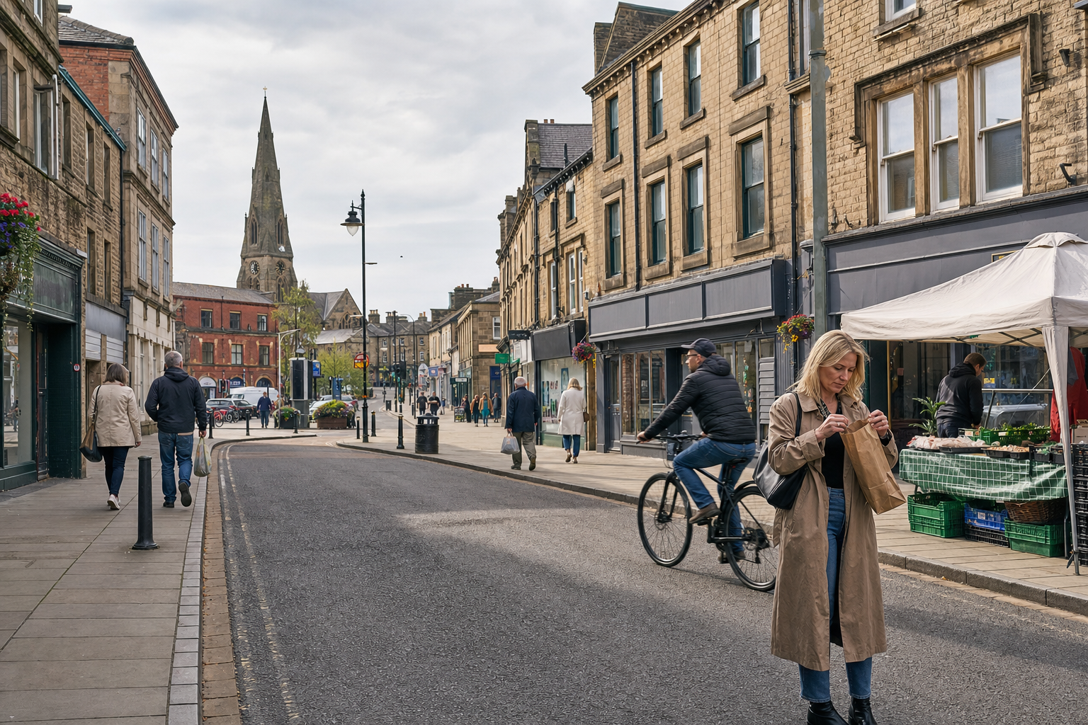 A woman stands with a paper bag near a market stall on a busy street with a church spire in the background.