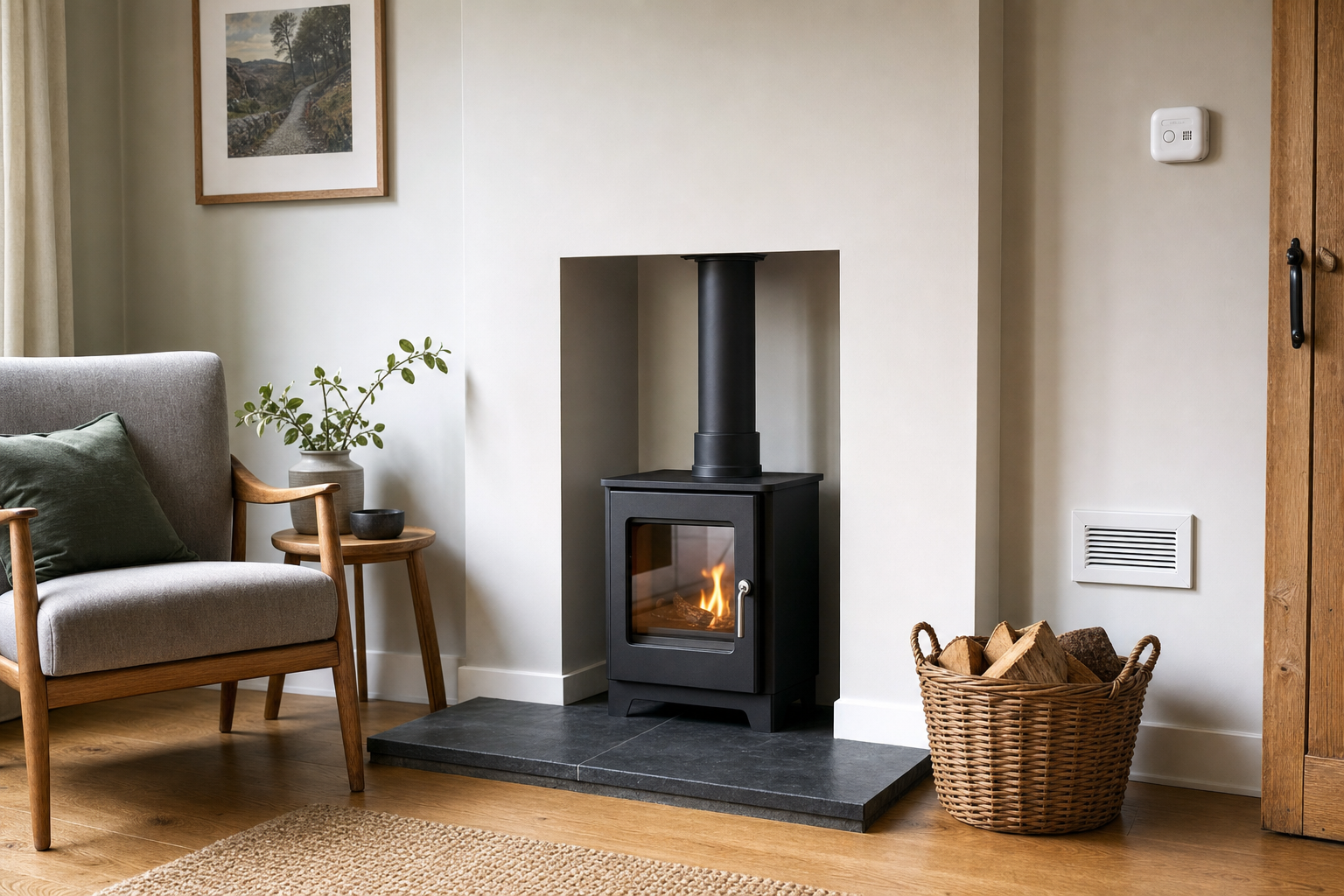 Cosy living room with a lit wood-burning stove, an armchair, and a basket of firewood on a wooden floor.