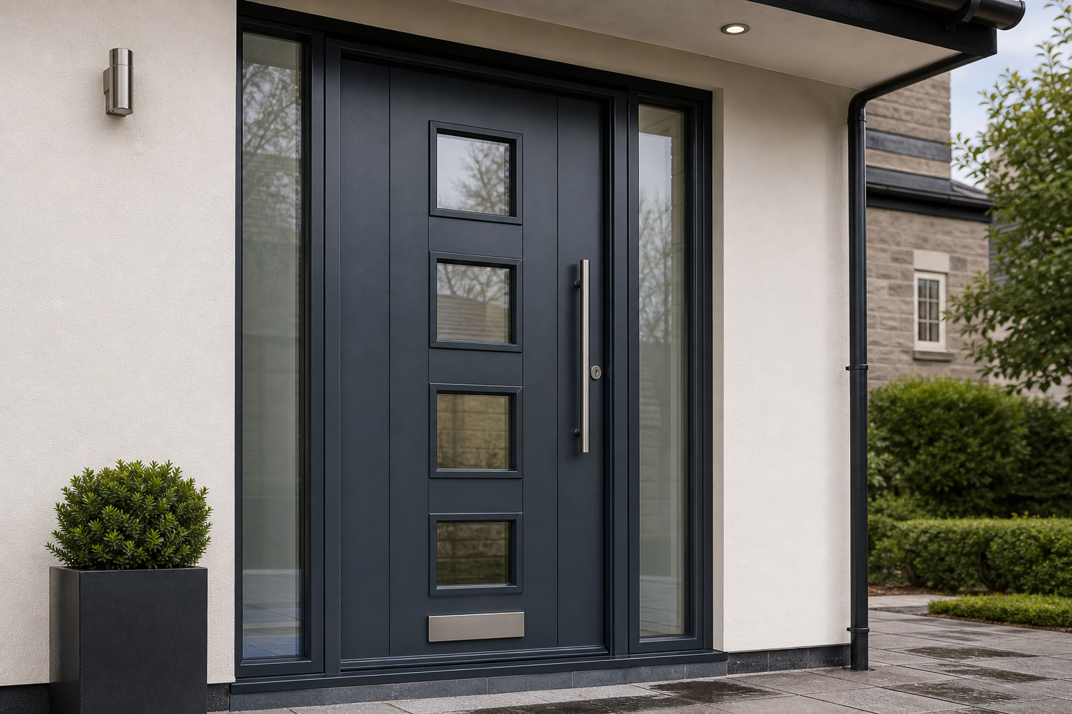 Modern black front door with glass panels and a sleek handle, surrounded by cream-colored walls and a potted plant.