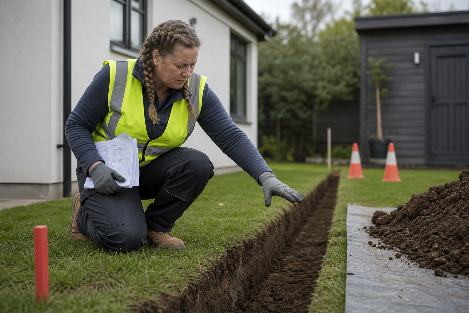 A woman in a high-vis vest examines a trench in a garden, holding construction plans.
