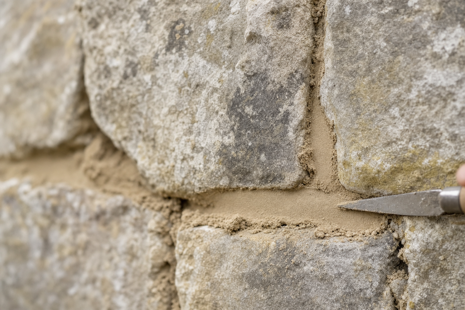 Trowel smoothing mortar between large grey stone bricks in a wall for construction.