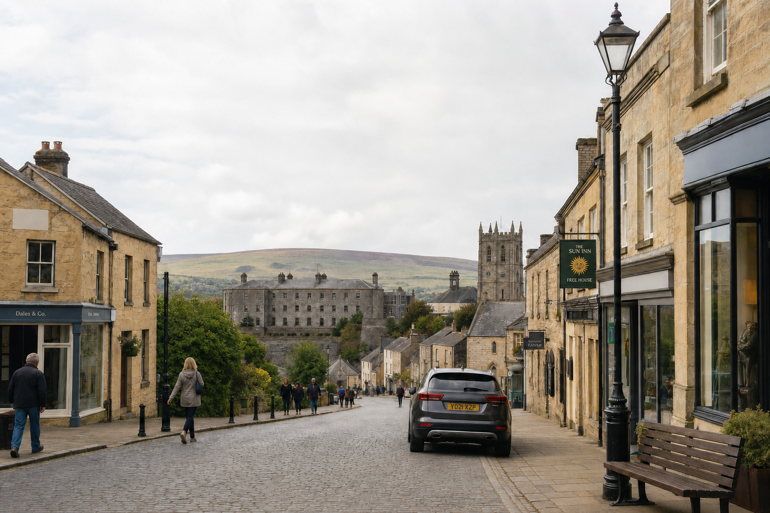 A quaint cobbled street in a British village, with people walking and historical buildings in the background.