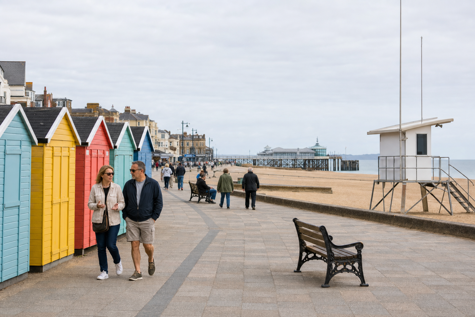 Two people walk along a promenade lined with colourful beach huts beside a sandy beach and pier.