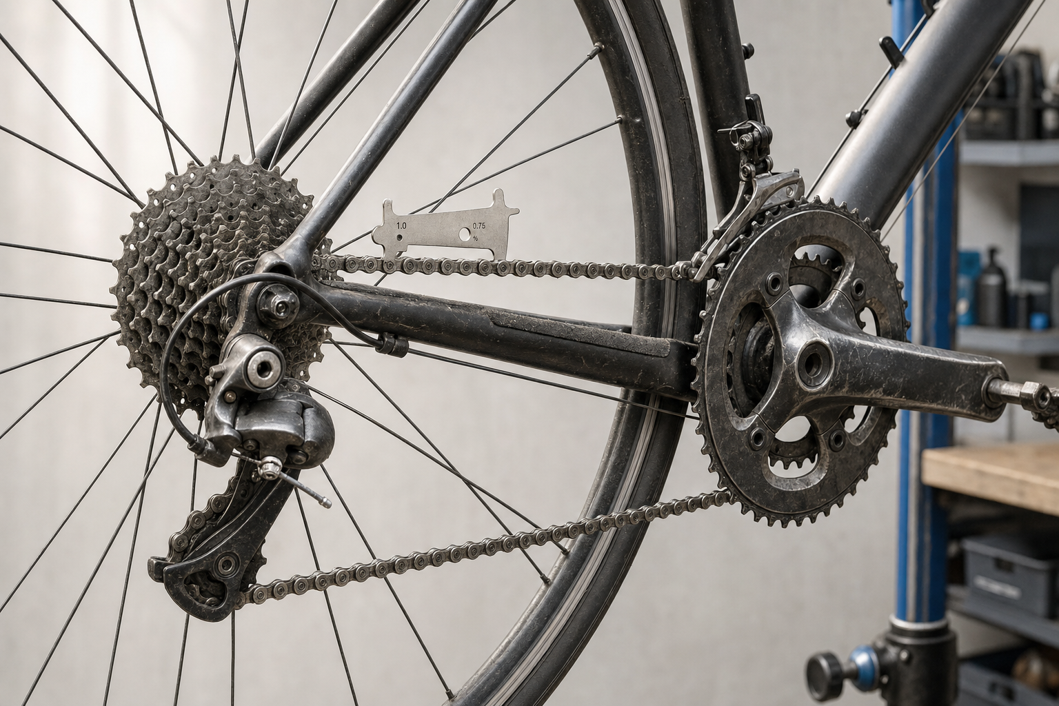 A bicycle's drivetrain with a chain wear tool is positioned in a workshop setting.