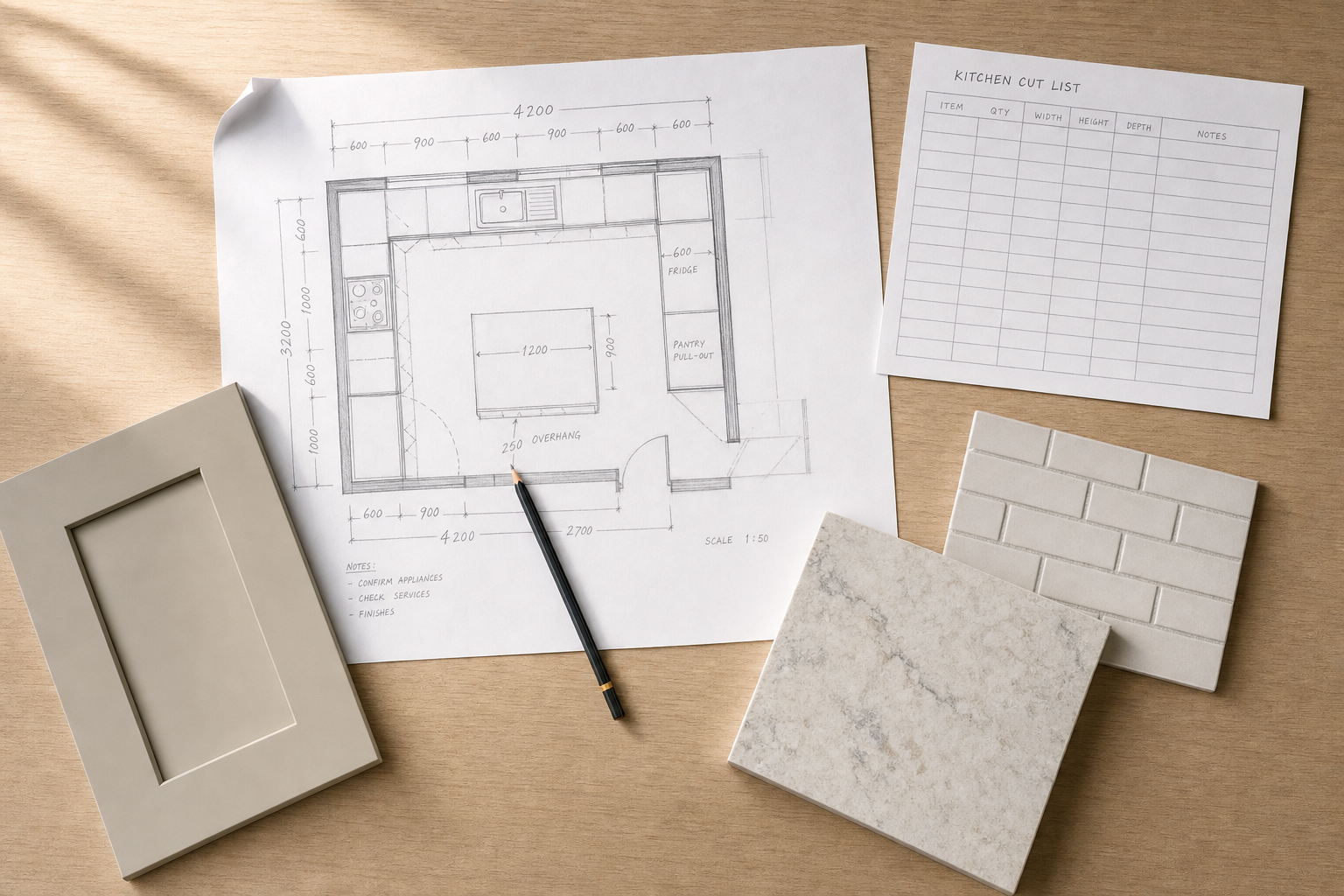 Kitchen layout sketch with a pencil, cabinet sample, cut list, and tile samples on a wooden surface.