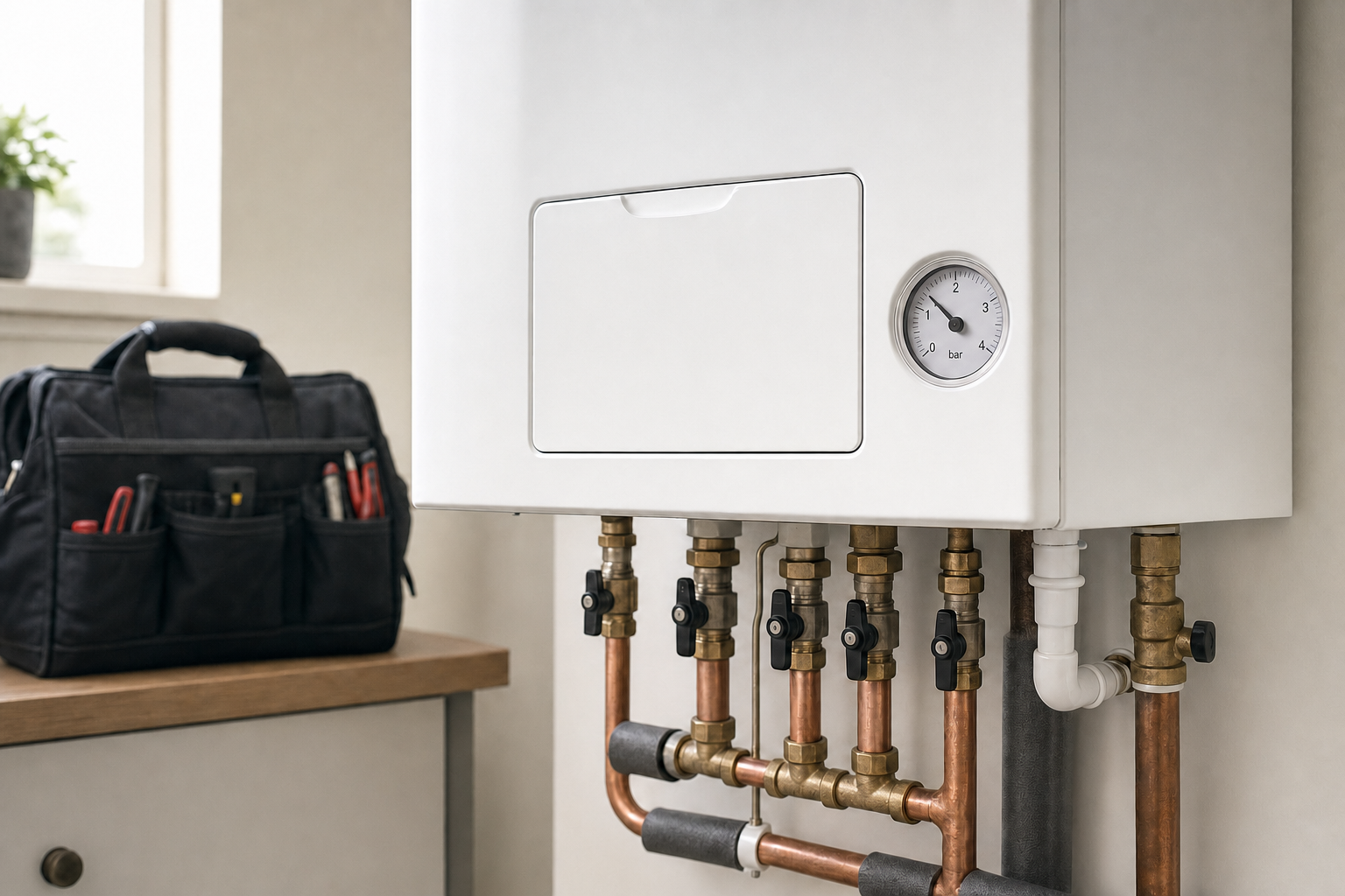 A boiler with visible copper piping and pressure gauge installed on a wall next to a tool bag on a workbench.