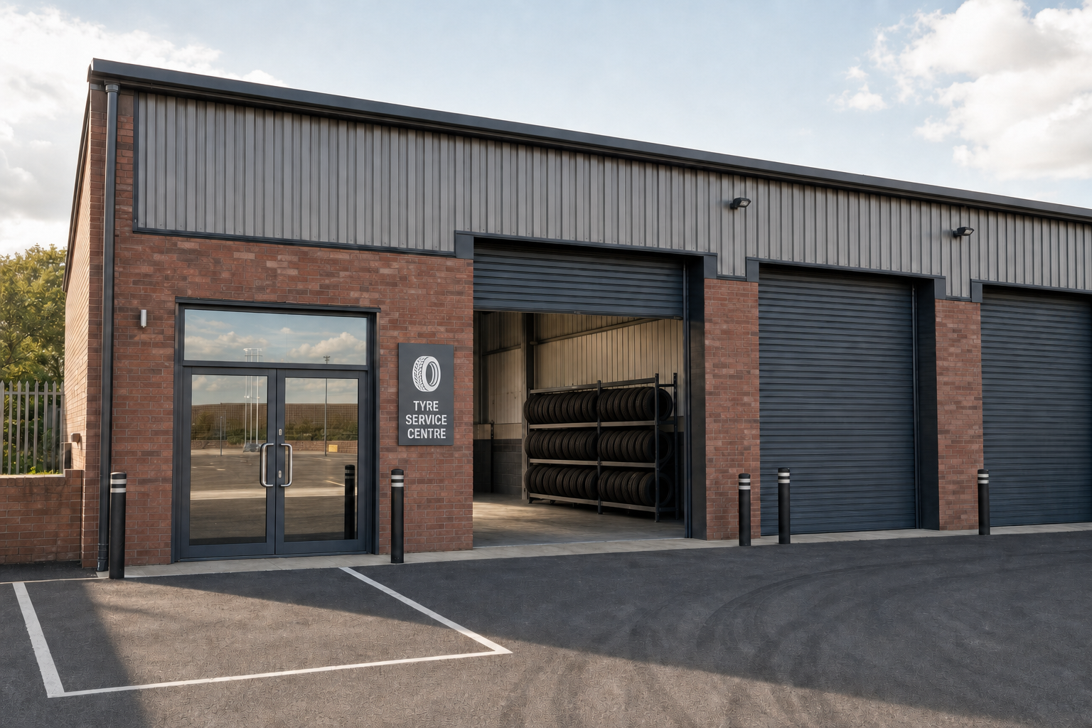 Exterior of a brick tyre service centre with an open garage showing stacks of tyres inside.