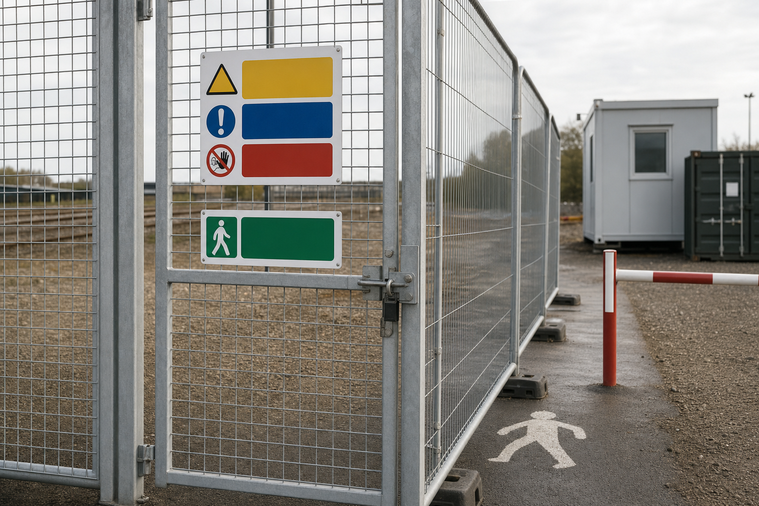 A metal gate with safety signs and a pedestrian pathway leads to a fenced area with a portable building.