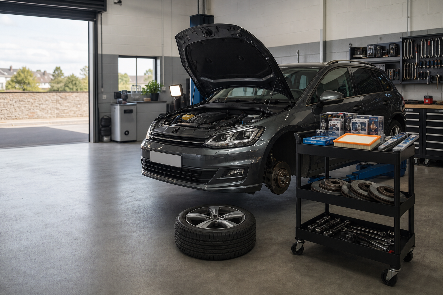 Car on a lift in a garage with tools and parts on a cart beside it.