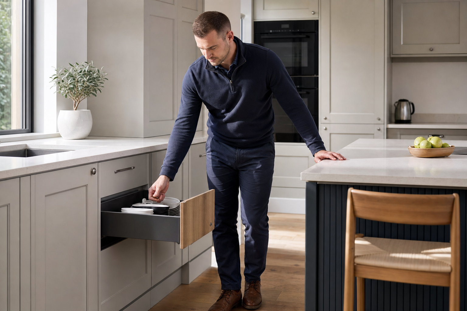 A man in a modern kitchen places dishes into a drawer next to a countertop with a bowl of apples.