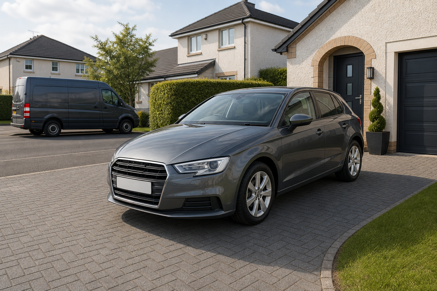 Grey hatchback car parked on a driveway beside a modern suburban house.