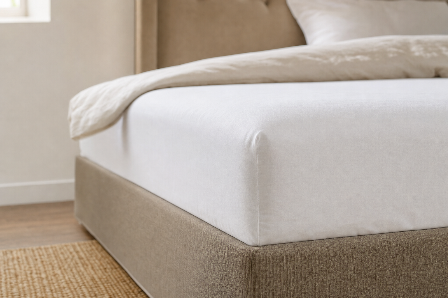 A neatly made bed with white sheets and a beige comforter in a cosy bedroom setting.
