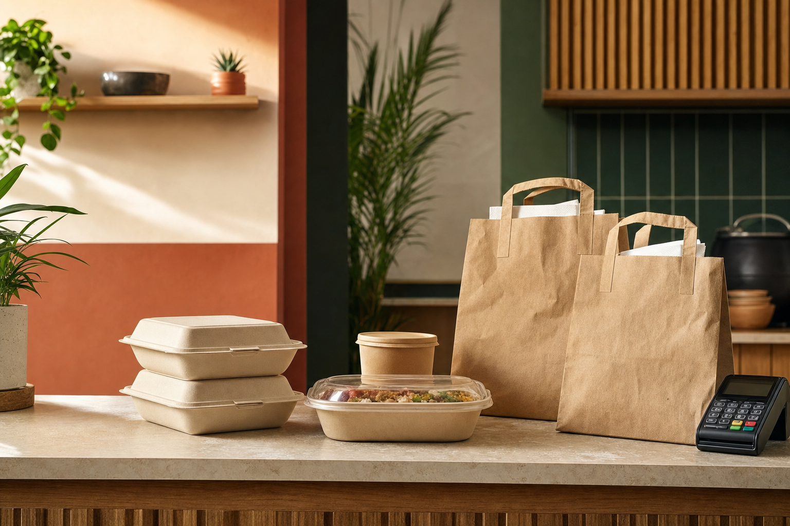 Takeaway containers and paper bags on a counter in a modern kitchen setting with a payment terminal nearby.