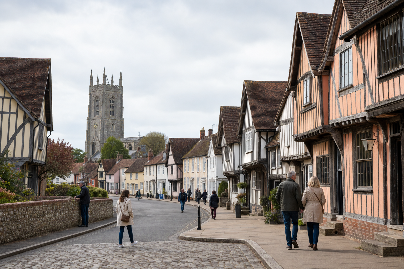People walk along a quaint street lined with historic timber-framed houses, with a church tower in the background.