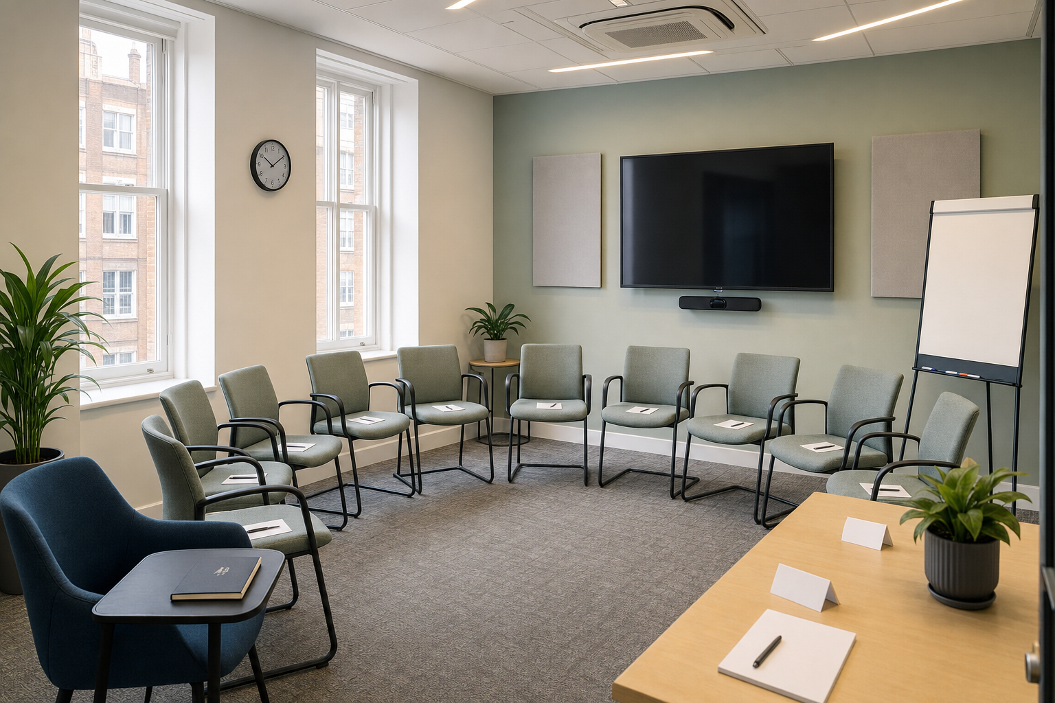 A modern conference room with circular seating, flipchart, and a large TV screen on the wall.