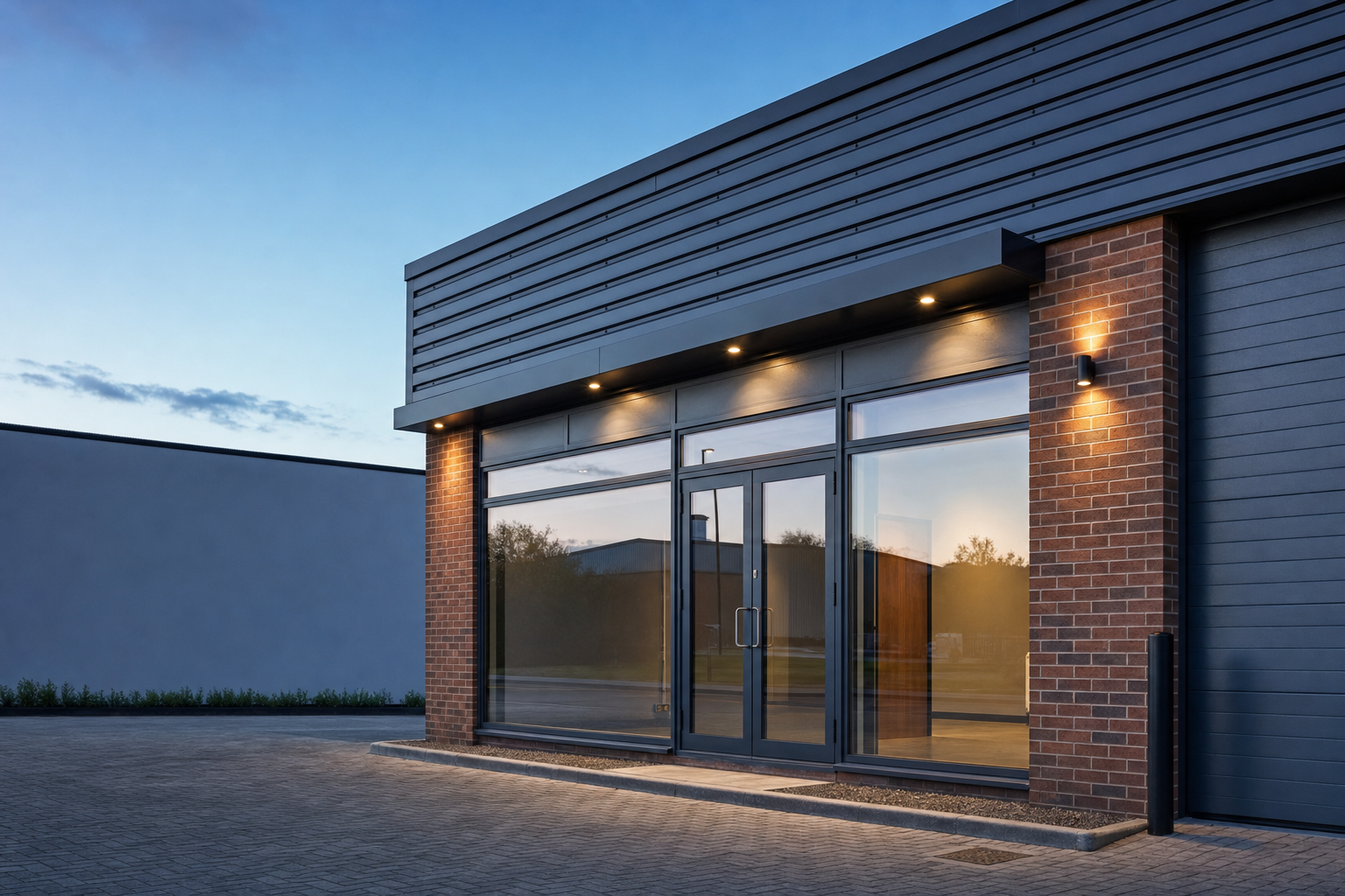 Modern commercial building with glass entrance, brick walls, and external lights during dusk.