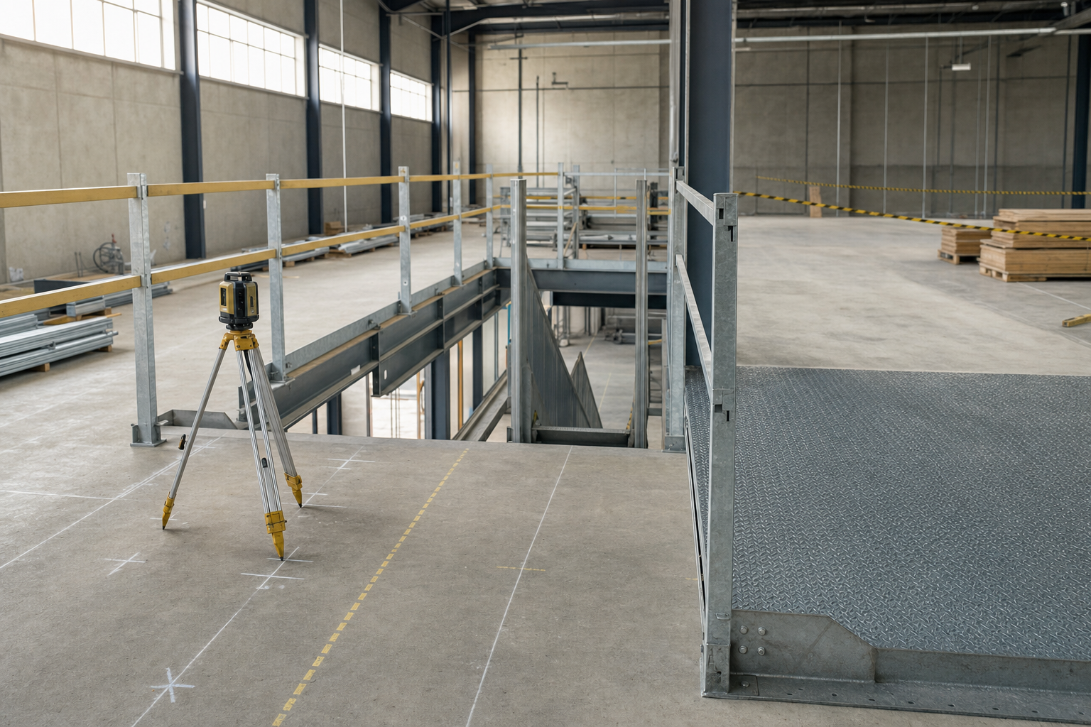 A laser level tripod stands on a mezzanine floor in an empty industrial warehouse under construction.
