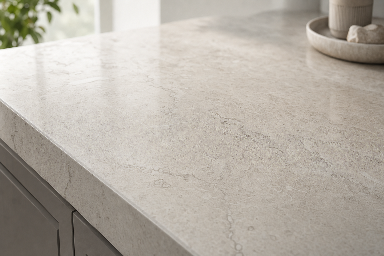 Beige marble kitchen countertop with subtle veining, adjacent to a sunlit window and a plant in the background.
