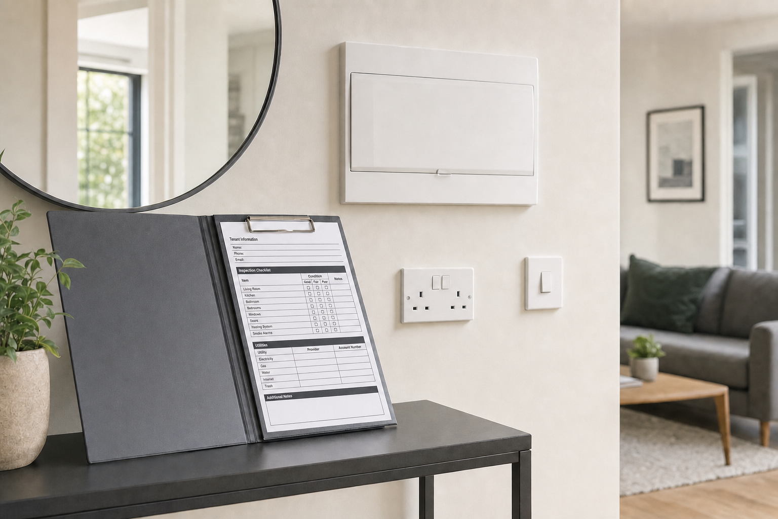 A clipboard with a tenant inspection checklist sits on a table next to a mirror and a potted plant in a modern living room.
