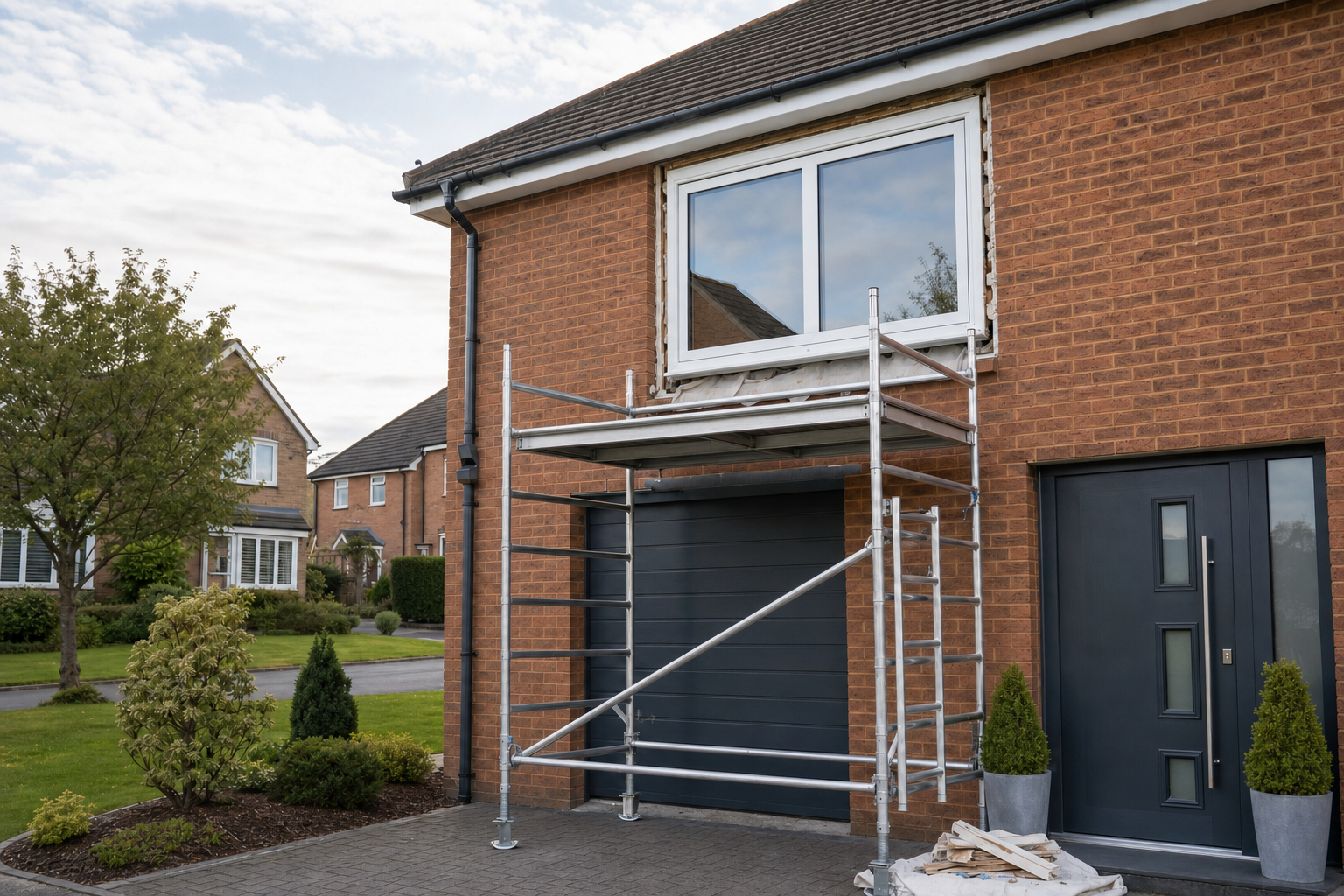 Scaffolding set up for window installation on a modern brick house.