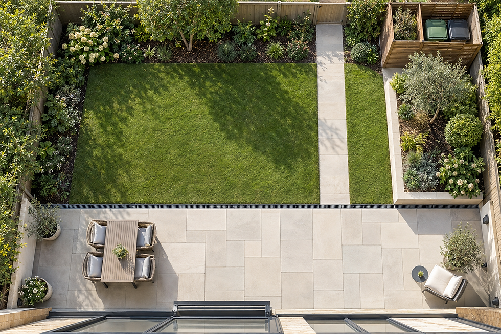 A neat garden features a rectangular lawn, a paved patio area with a dining set, and surrounding flower beds with trees.