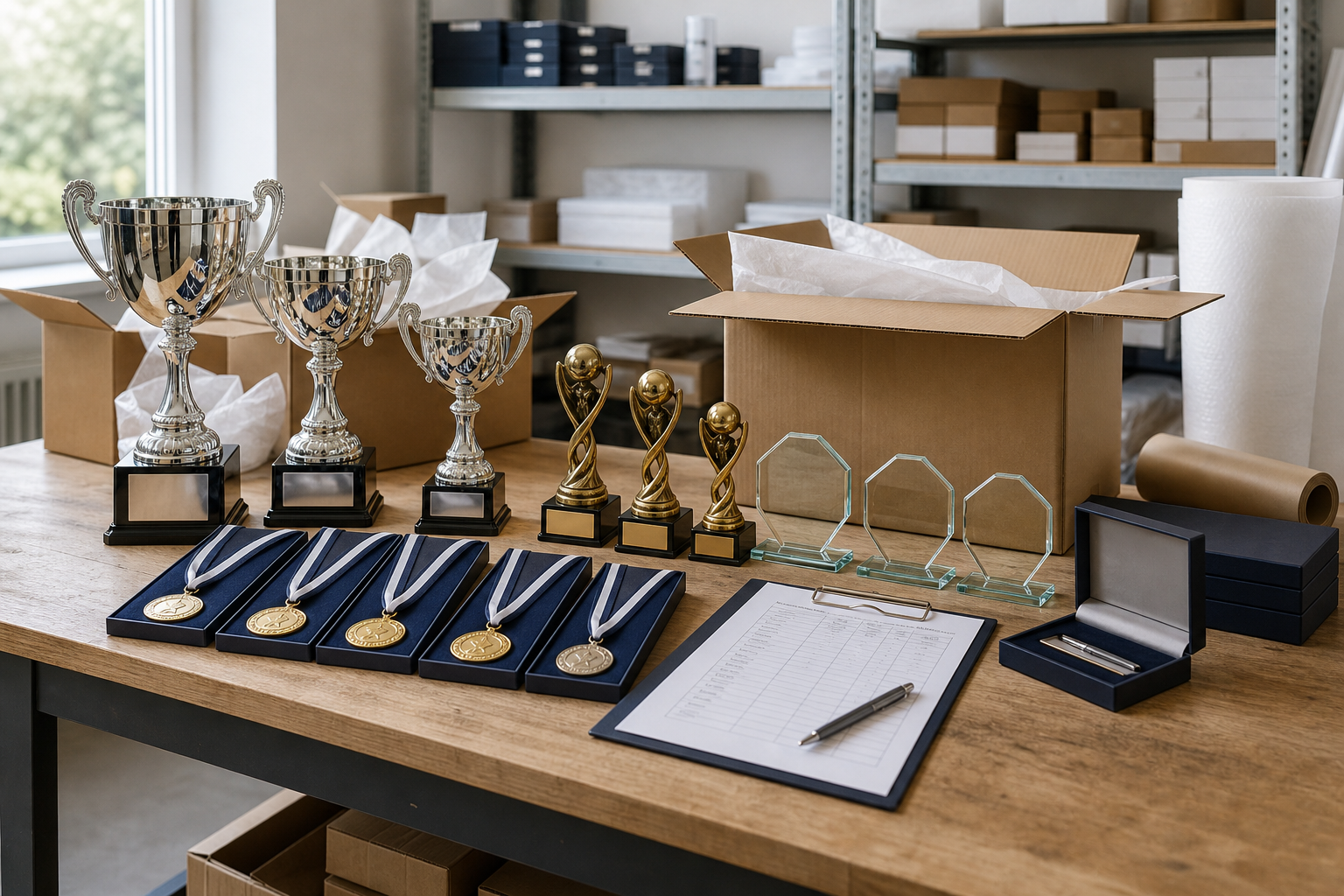 Trophies, medals, and awards arranged on a table with a clipboard and pen.