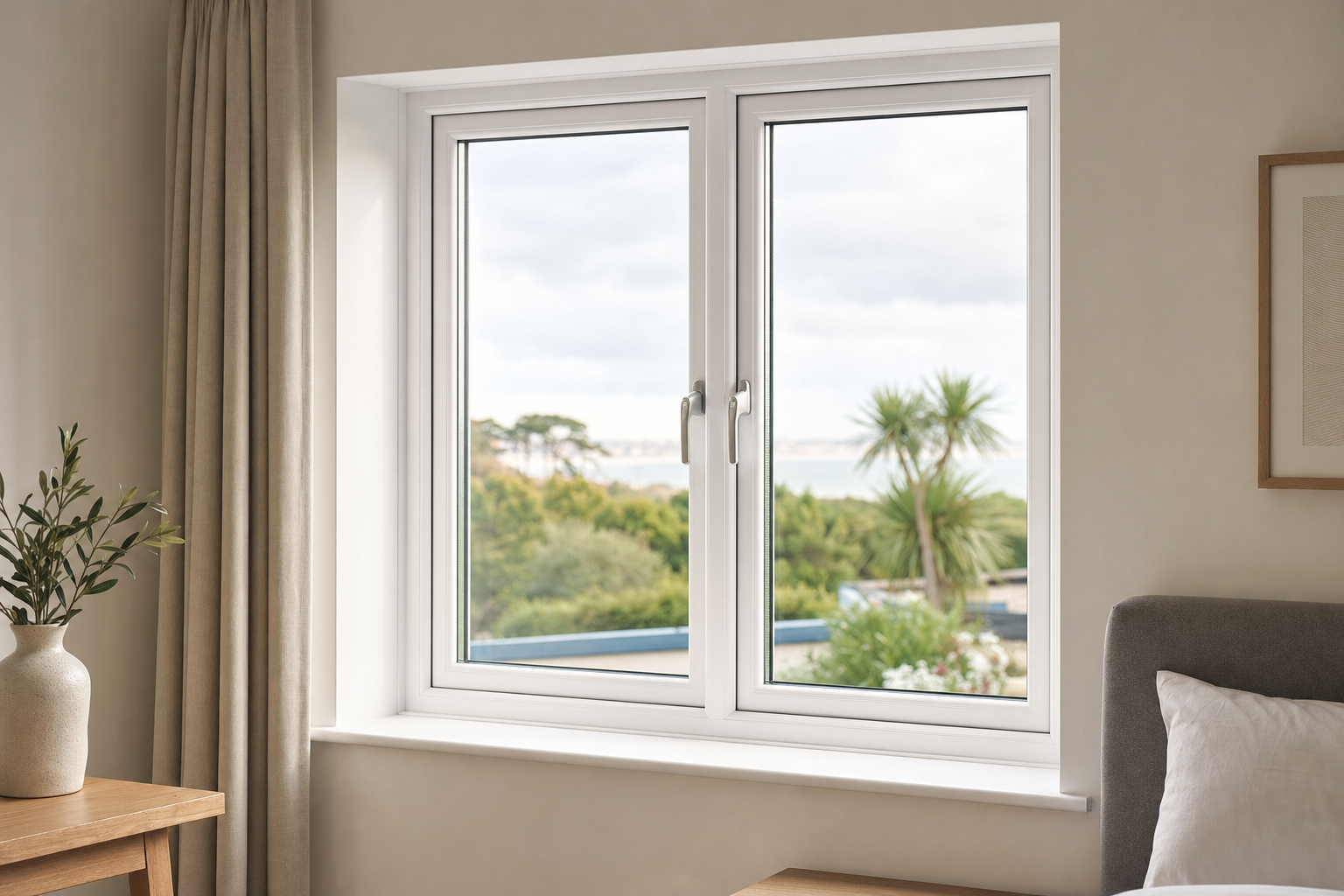 A bright room with a view of palm trees and greenery through a large white-framed window.