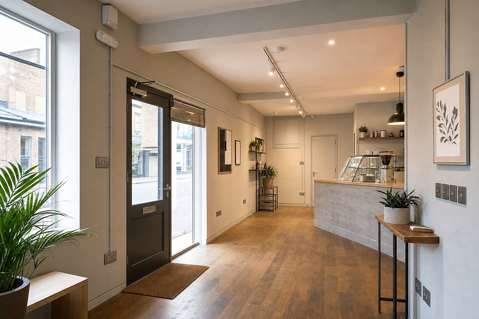 Modern café interior with wooden floors, large window, and a sleek counter with plants and framed artwork on the walls.
