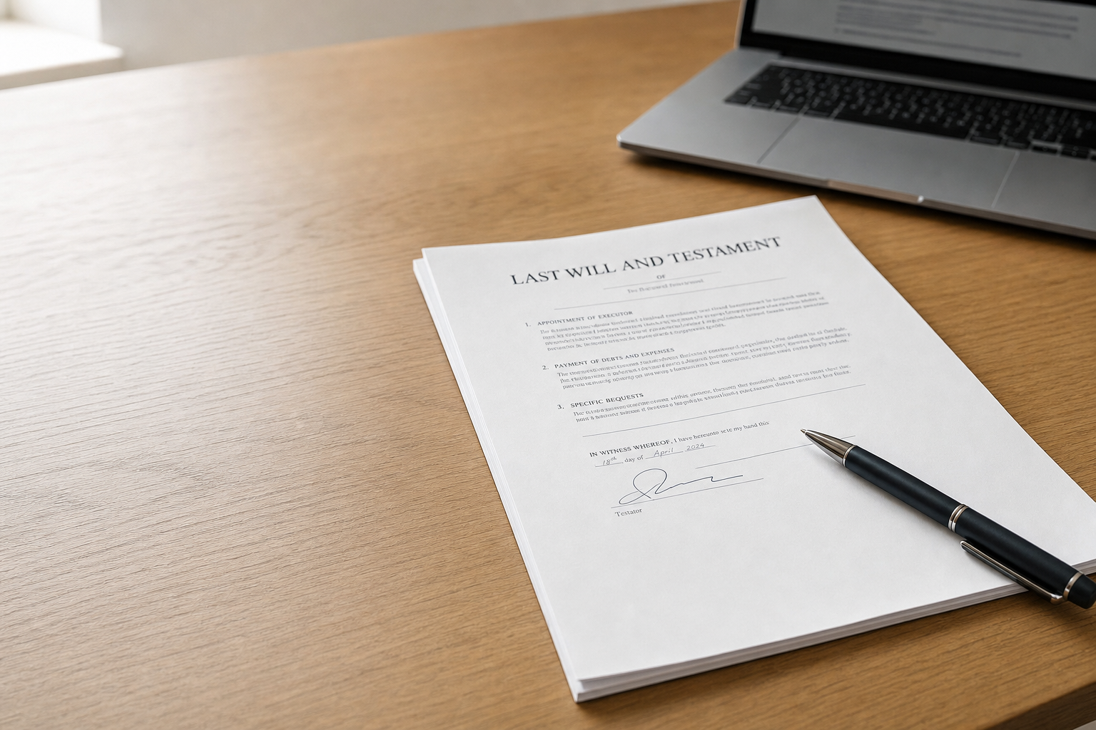 Last will and testament document with a pen on a wooden desk beside an open laptop.