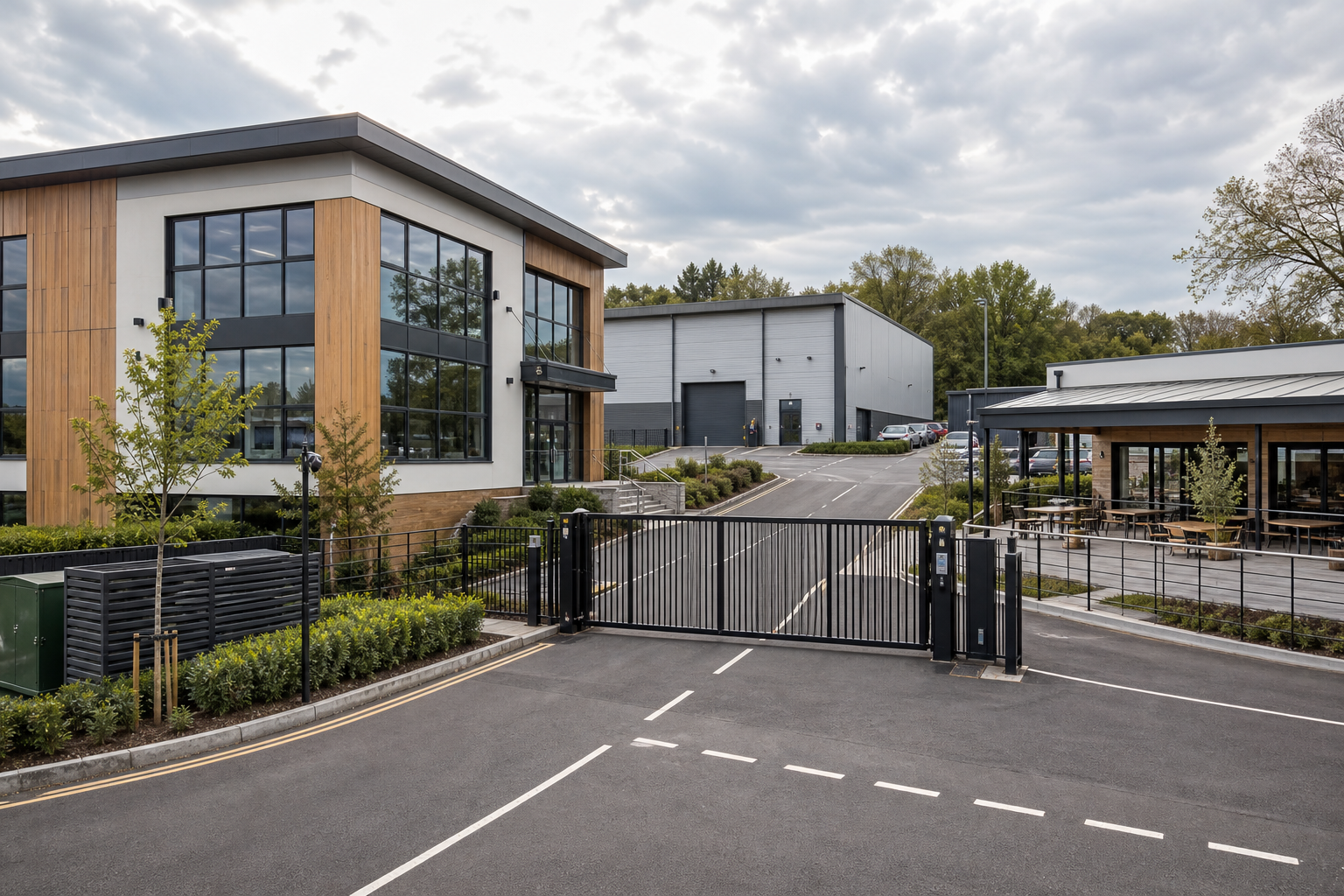 Modern business park with two sleek buildings, an outdoor seating area, and a gated entrance under a cloudy sky.