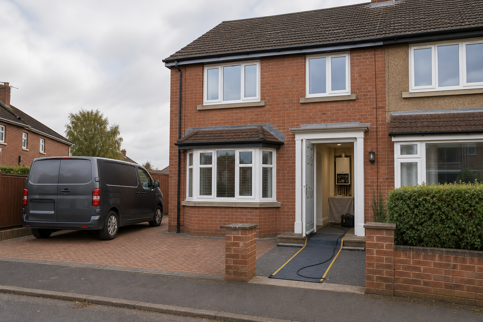 Brick house with a grey van parked on the driveway and an open front door.