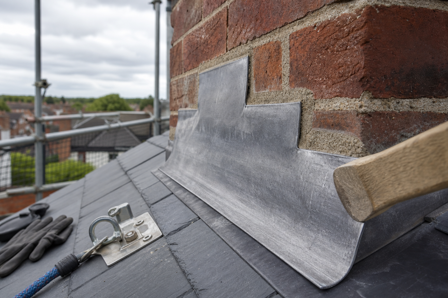 Lead flashing being installed around a chimney on a tiled roof, with scaffolding and a safety harness visible.